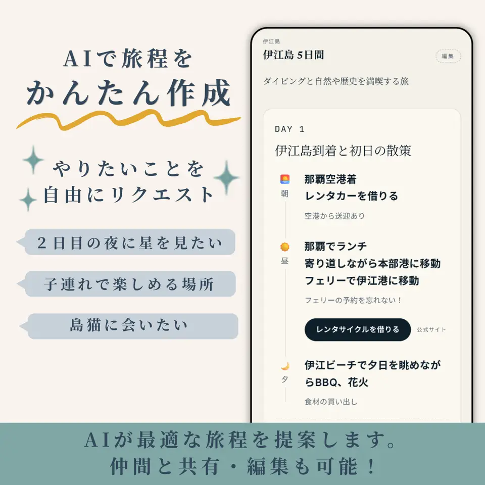 AIが条件に合わせて旅程をパーソナライズする画面のスマホモック